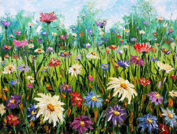Original oil painting of a beautiful field of wildflowers